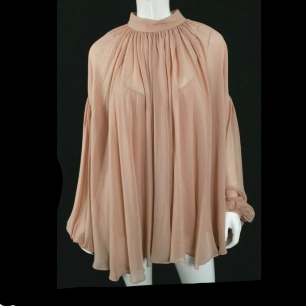 STELLA McCARTNEY Blush Pink Silk Crepe Balloon Sleeve Trapeze Blouse 46